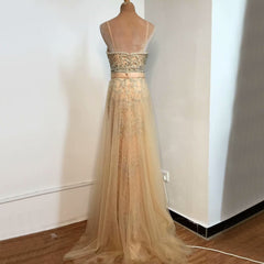 Champagne Sequined Mesh Prom Dress with Sleeveless A Line Backless Style