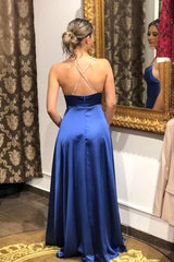 Royal Blue A-Line Spaghetti Straps Long Prom Dress with Split
