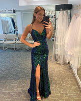Glamorous Sheath V Neck Straps Dark Green Sequin Party Prom Dresses