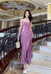 Elegant Purple Satin Pleated Long Prom Dress for Formal Evenings