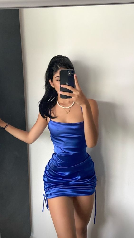 Blue Cocktail Party Dress Sleeveless Satin Zipper Back Fashionable