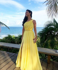 Yellow One Shoulder Long Prom Evening Dresses Sexy Unique Formal Gowns