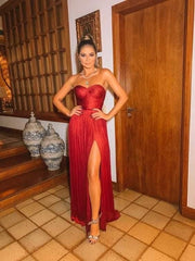 Elegant Strapless Long Red Sexy Prom Dresses with High Slit