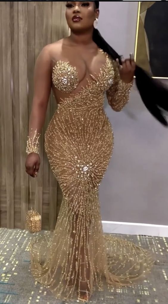 Mermaid Prom Dress Long Beaded Gold Evening Gown Formal Party Wear