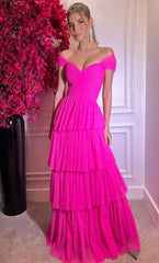 Hot Pink Off The Shoulder Long Evening Gowns Prom Dresses
