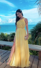 Yellow One Shoulder Long Prom Evening Dresses Sexy Unique Formal Gowns