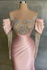 Elegant Pink Off-Shoulder Mermaid Prom Dress with Beaded Appliques & Front Slit