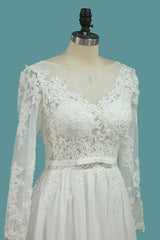 Elegant Long Sleeve A-Line Chiffon Wedding Dress with Exquisite Ruffles