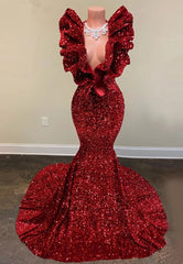 Shiny Sequins Burgundy Mermaid Prom Dress: Elegant V-Neck Sleeveless Floor-Length Gown