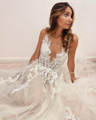 Elegant A-Line Deep V-Neck Backless Wedding Dress with Lace Appliques