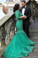 Emerald Green Lace Applique Mermaid Prom Dress V-Neck 3/4 Sleeves Gown