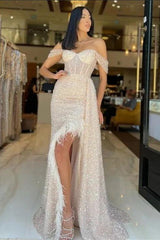 Charming Champagne Sequined Off-Shoulder Prom Dress with Feather Accents Evening Gown