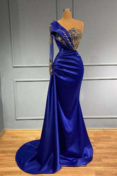 Dark Blue One-Shoulder Long-Sleeve Mermaid Prom Gown with Beads