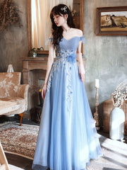 Blue Off Shoulder Tulle Long Prom Dress with Beading Details