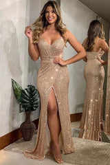Stunning Sequin Spaghetti Strap Prom Dress with Alluring High Slit