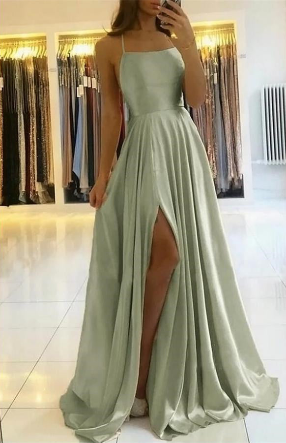 Elegant Spaghetti Straps Floor-Length Prom Dress with Side Slit for Women