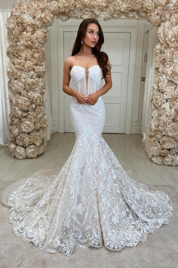 Elegant Mermaid Wedding Dress with Sweetheart Neckline, Lace, and Backless Design