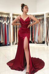 Burgundy Spaghetti Strap Prom Dress with Slit Elegant Formal Gown