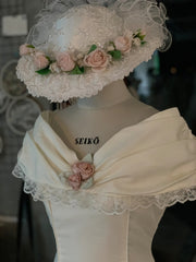 50s inspired Off Shoulders Tea Length Vintage Wedding Dress - DollyGown