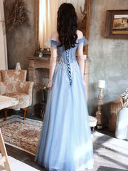 Blue Off Shoulder Tulle Long Prom Dress with Beading Details