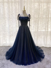 Stunning Dark Blue Tulle Sequin Long Prom Formal Evening Dress