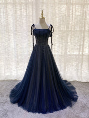 Stunning Dark Blue Tulle Sequin Long Prom Formal Evening Dress
