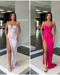 Sleeveless Spaghetti Strap Prom Dress with Slit, Elegant Charmeuse Gown for Women