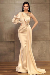 Elegant One-Shoulder Long Sleeve Mermaid Prom Dress with Beaded Accents