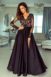 Elegant Black Long Sleeve Prom Dress with High Split and Lace Bodice