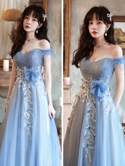 Blue Off Shoulder Tulle Long Prom Dress with Beading Details
