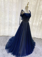 Stunning Dark Blue Tulle Sequin Long Prom Formal Evening Dress