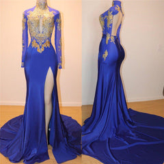 Royal Blue Long Sleeve Prom Dress with High Slit Formal Gown