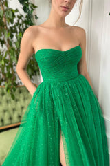 Glamorous Green Tulle Prom Dress with Sweetheart Neckline and High Slit