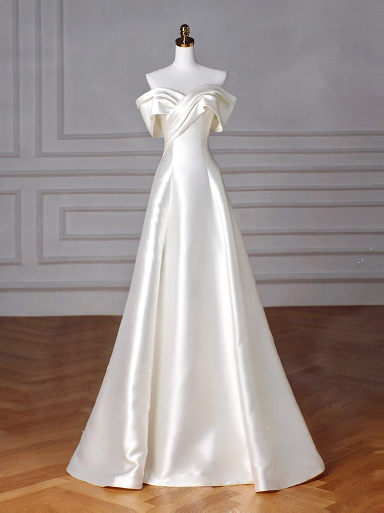 A-Line Off Shoulder Satin Beige Long Prom Formal Evening Dress