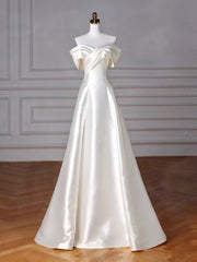A-Line Off Shoulder Satin Beige Long Prom Formal Evening Dress
