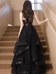 Stunning Black A-Line V Neck Sequin Tulle Prom Evening Gown Dress