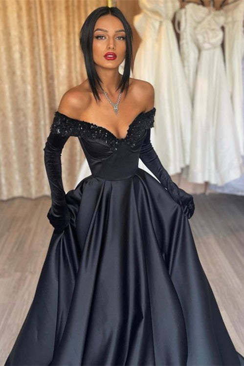 Elegant Black Off-Shoulder Mermaid Prom Dress with Gloves and Sleeves