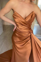 Chocolate Delight Sleeveless Mermaid Prom Dress with Ruffle Split Sweetheart Neckline