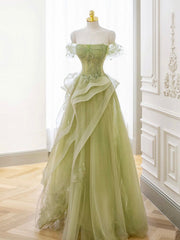A-Line Off Shoulder Tulle Lace Green Long Prom Formal Dress