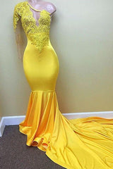 Radiant Yellow One-Shoulder Mermaid Prom Dress with Delicate Appliques