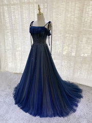 Stunning Dark Blue Tulle Sequin Long Prom Formal Evening Dress
