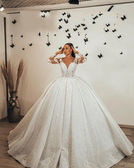 Elegant Ball Gown Wedding Dress, Sweetheart Ruffles, Lace Appliques, Sequin Long Sleeves