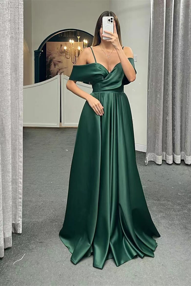 Spaghetti Strap Off-Shoulder A-Line Evening Dress with Lace-Up Back