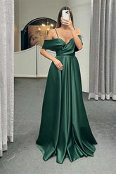 Spaghetti Strap Off-Shoulder A-Line Evening Dress with Lace-Up Back