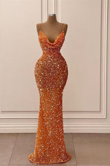 Sparkling Orange Sequin Mermaid Prom Dress: Elegant V-Neck, Spaghetti Straps, Tailored Fit