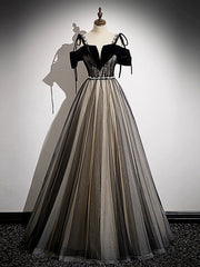 Elegant A-Line Tulle Black Long Prom Dress: Stunning Formal Evening Gown