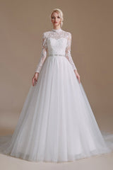 Elegant A-Line High Neck Long Sleeve Wedding Dress with Tulle Lace Design