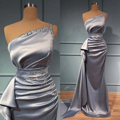 Elegant One-Shoulder Prom Gown: Shimmering Silver, Beaded Accents, Belted Waistline, Floor-Length