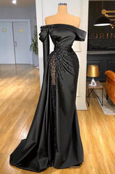 Stunning Black Satin Mermaid Evening Dress with Side Split and Glitter Beadings