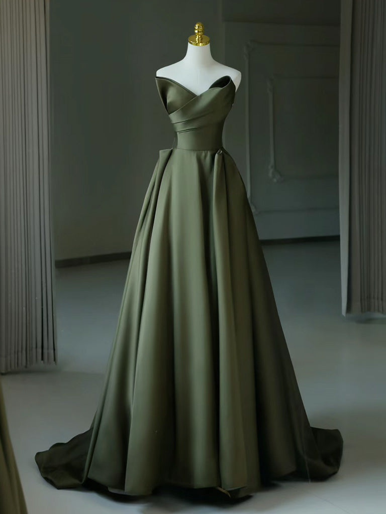 Elegant A-Line V Neck Satin Green Long Prom Dress Evening Gown